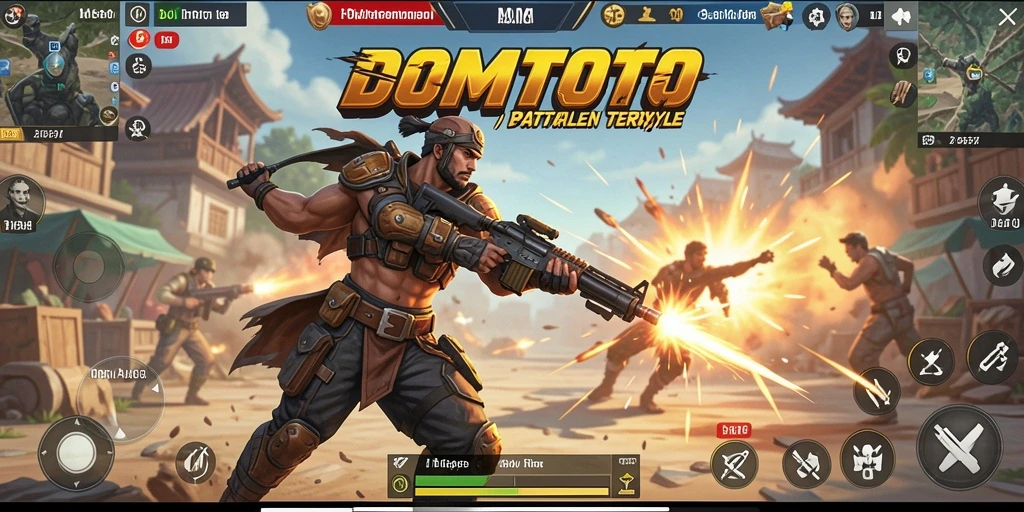 Screenshot DOMTOTO menampilkan aksi pertempuran intens di arena Battle Royale.
