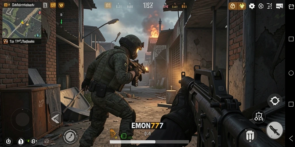 Tampilan gameplay seru dari EMON777 dalam aksi tembak-menembak.